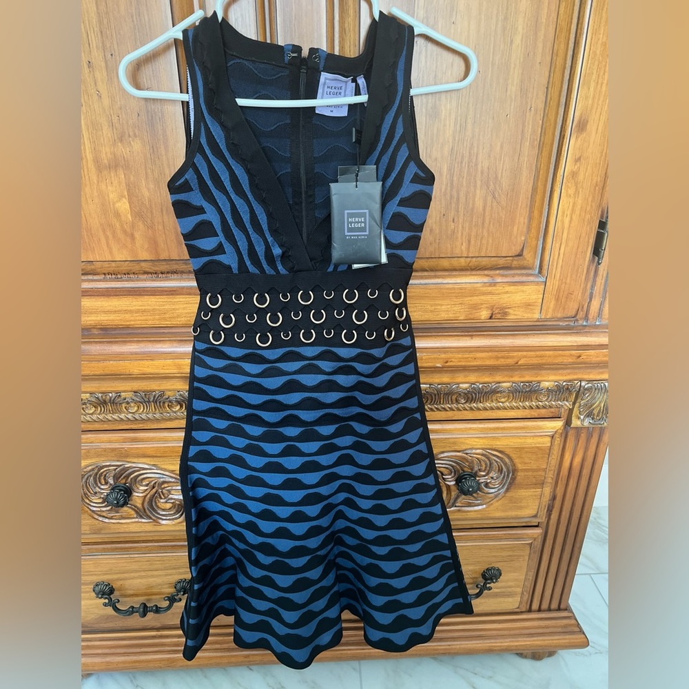 NWT HERVE LEGER Katrin Ring Embellished royal blue dress metal medium NWT